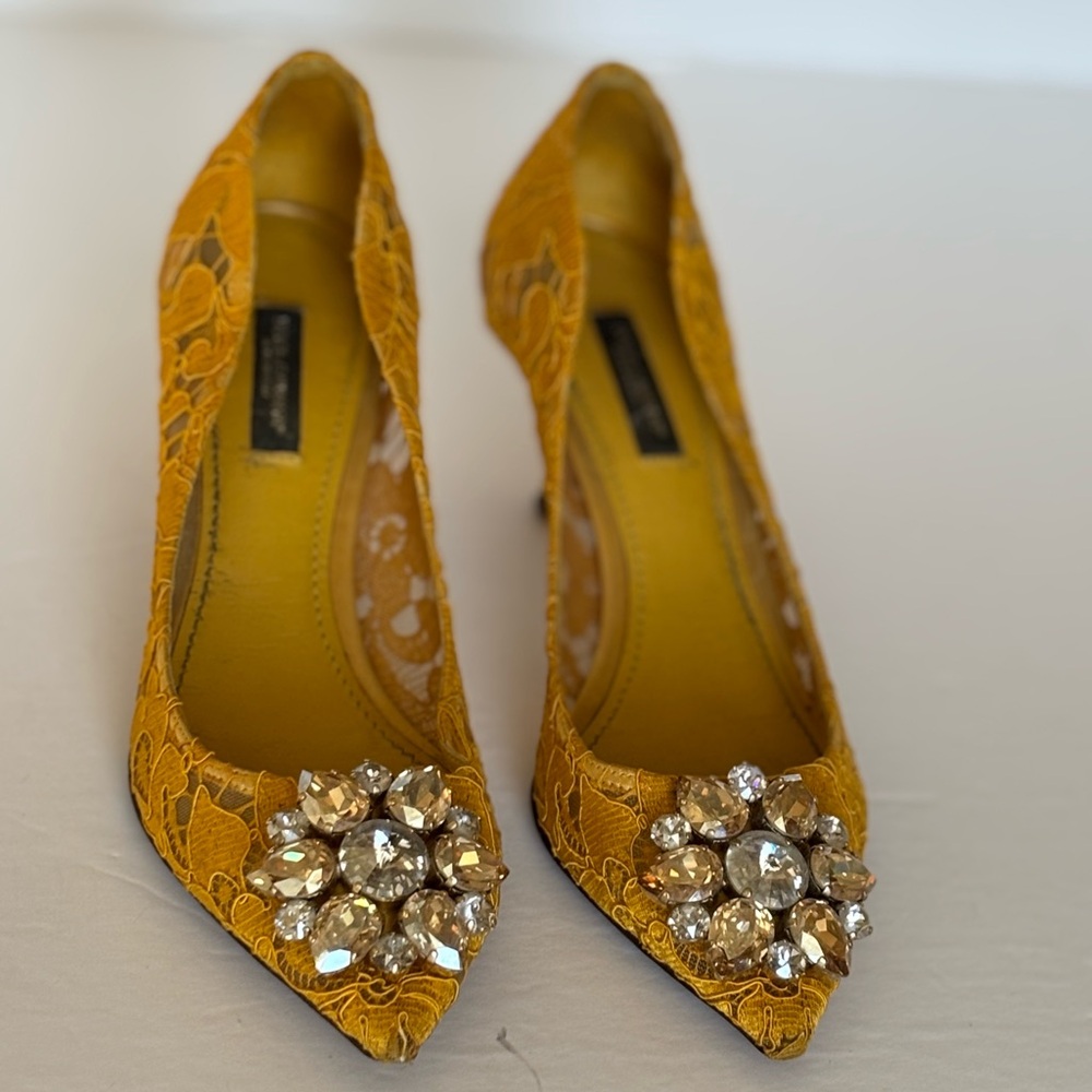 Dolce & Gabbana Yellow Lace Heels with Jewel Embellishment